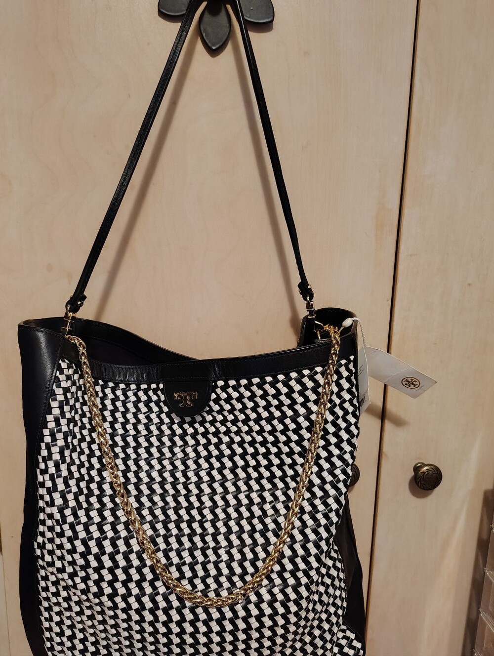 Tory Burch Erica Black And White Woven Leather Tote